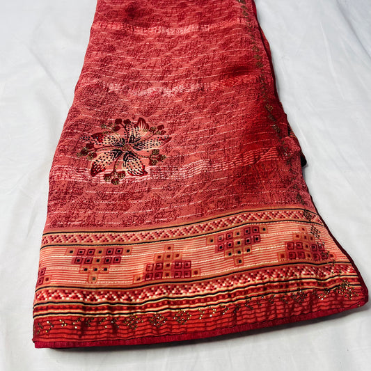 Georgette Floral Printed Sunset Red Saree - MSG Fashion