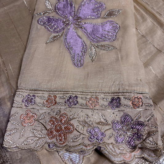 Beige Diamond Crush Suit with Rayon Bottom | Floral Embroidery in Peach & Lavender