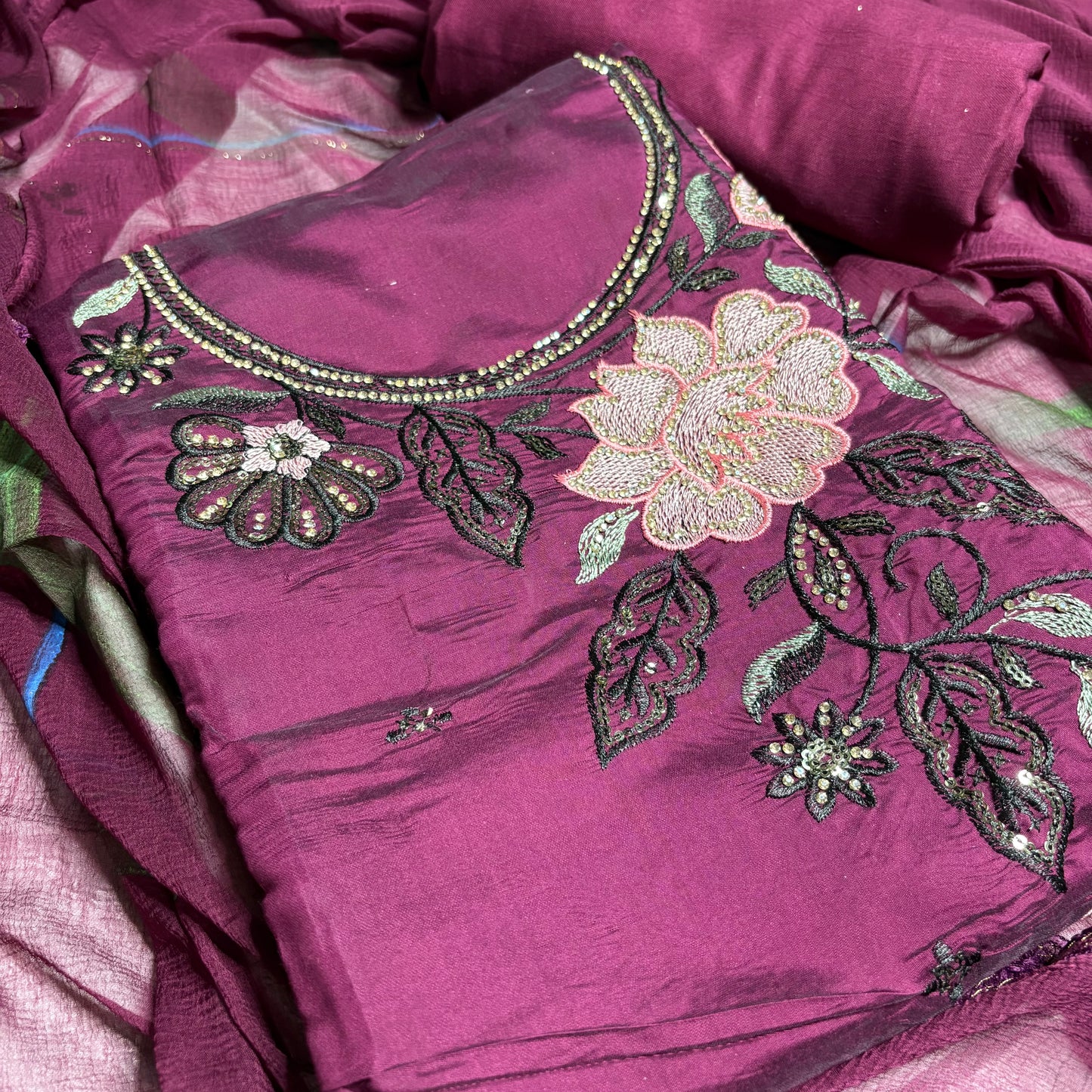 Wine colour Embroidered Suit – Stylish Dupatta & Rayon Bottom