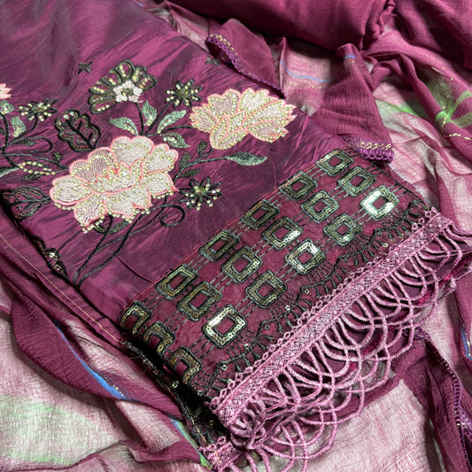 Wine colour Embroidered Suit – Stylish Dupatta & Rayon Bottom