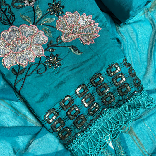 Firozi (Turquoise Blue) Embroidered Suit – Stylish Dupatta & Rayon Bottom