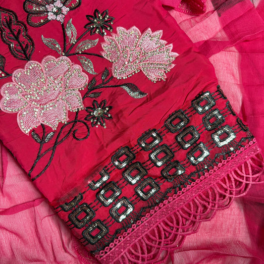 Ruby Pink Embroidered Suit – Stylish Dupatta & Rayon Bottom