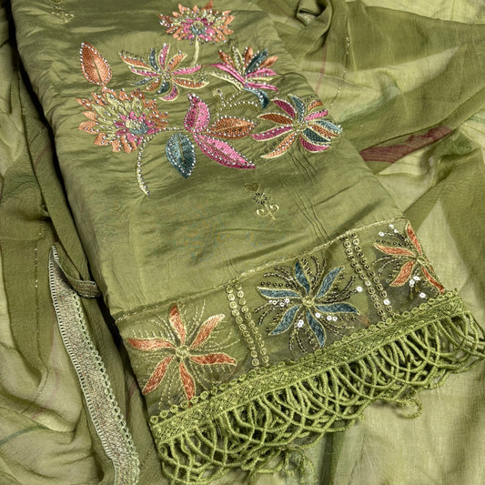 Olive Green Embroidered Suit – Brush Print Dupatta – Rayon Bottom