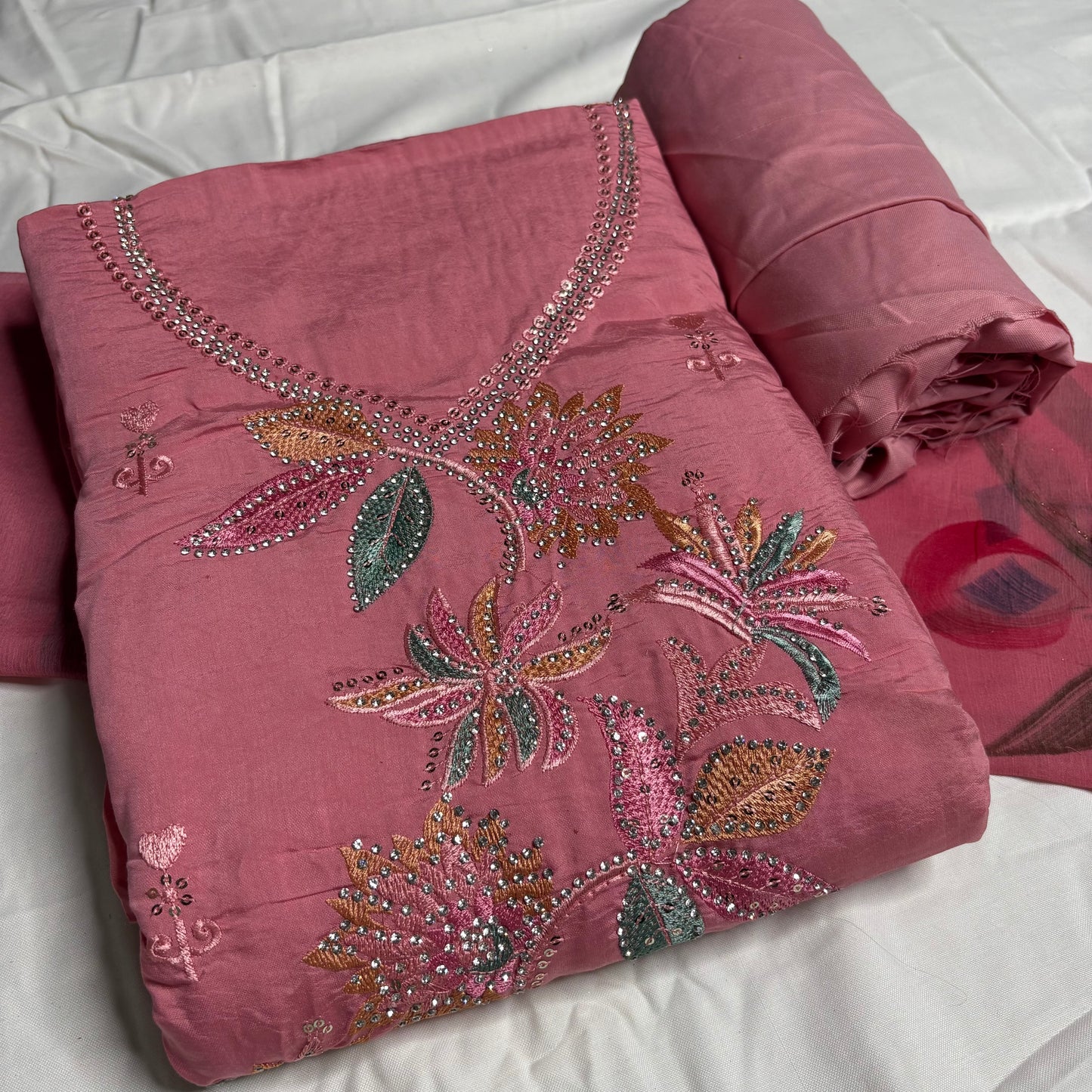 Pink Embroidered Suit – Brush Print Dupatta – Rayon Bottom