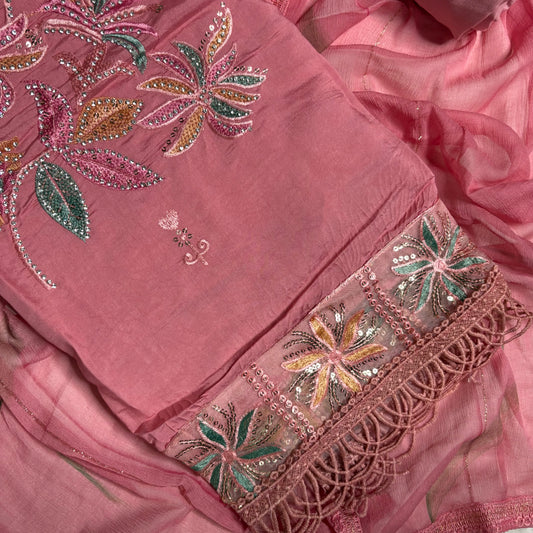 Pink Embroidered Suit – Brush Print Dupatta – Rayon Bottom