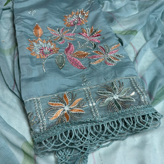 Aqua Blue Embroidered Suit – Brush Print Dupatta – Rayon Bottom