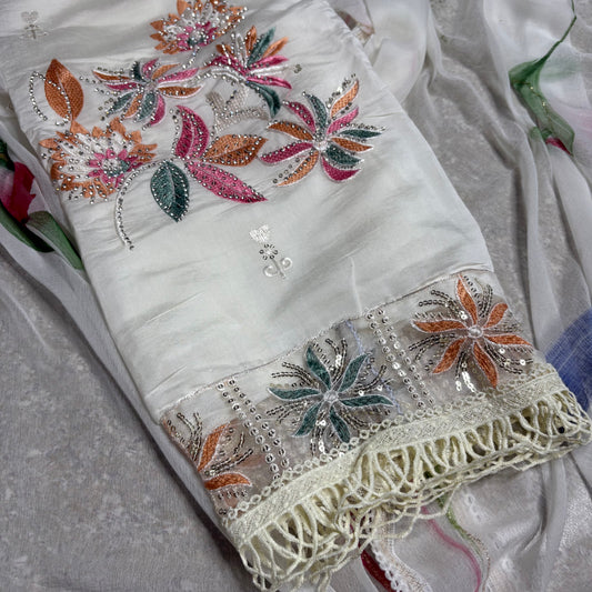White Embroidered Suit – Brush Print Dupatta – Rayon Bottom