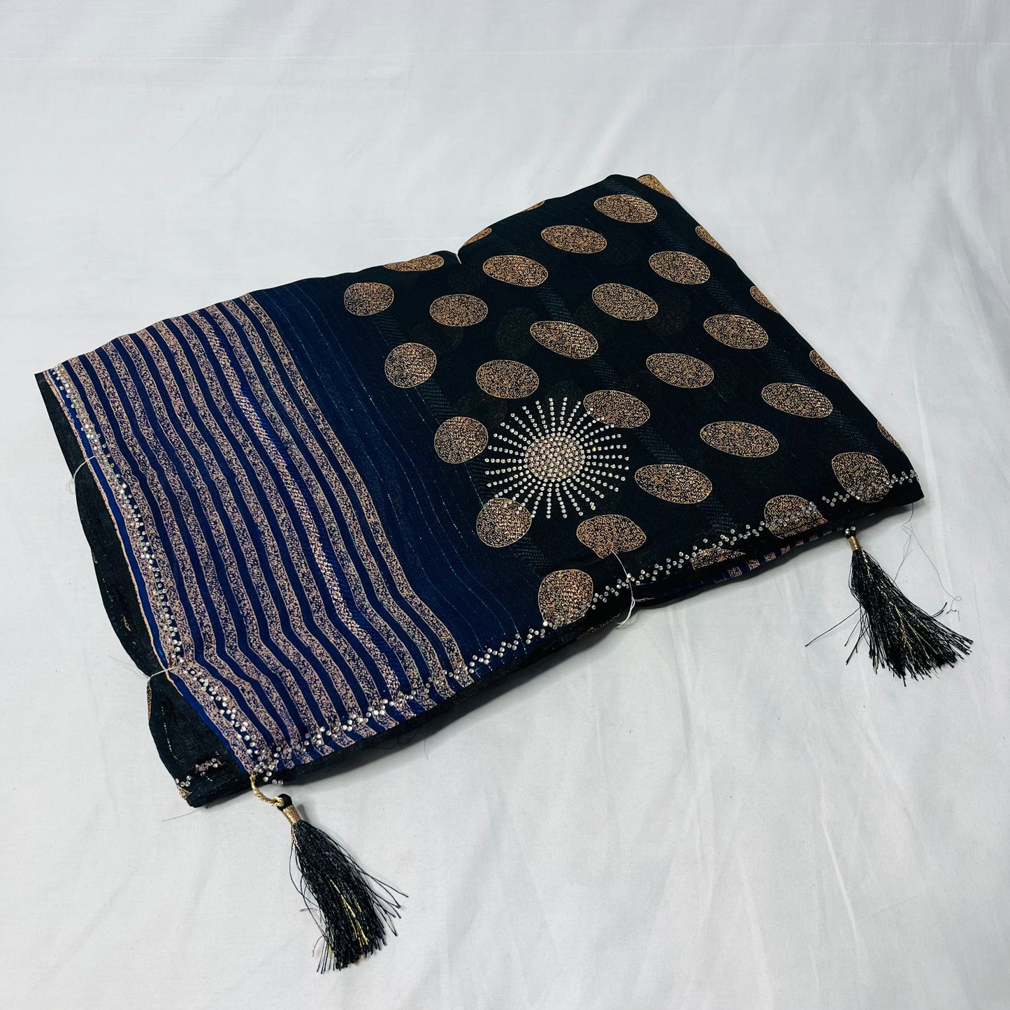 Georgette Printed Black and Blue Saree