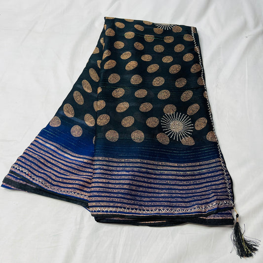 Georgette Printed Black and Blue Saree
