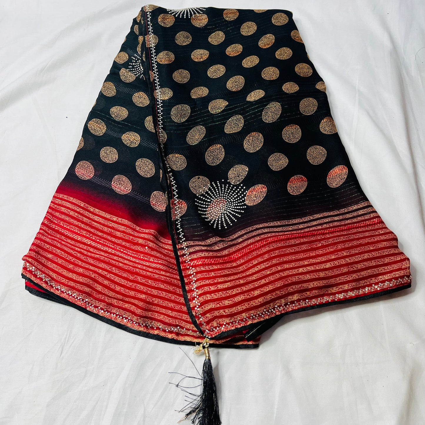 Georgette Printed Black and Red Saree