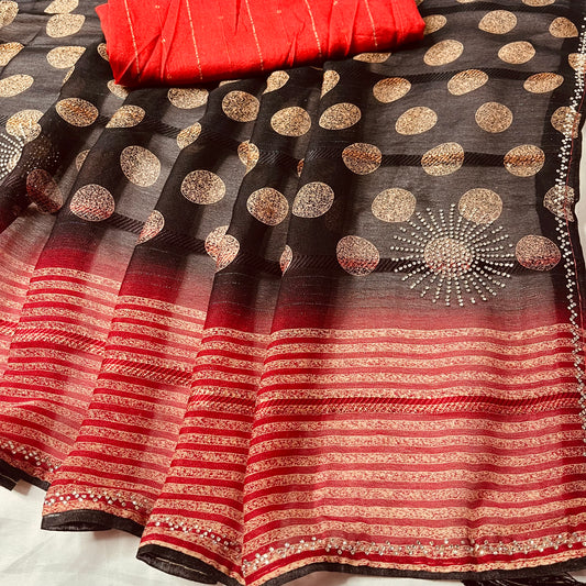 Georgette Printed Black and Red Saree