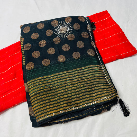 Georgette Printed Black and Golden Saree