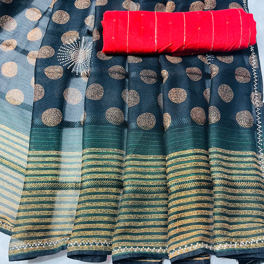 Georgette Printed Black and Green Saree