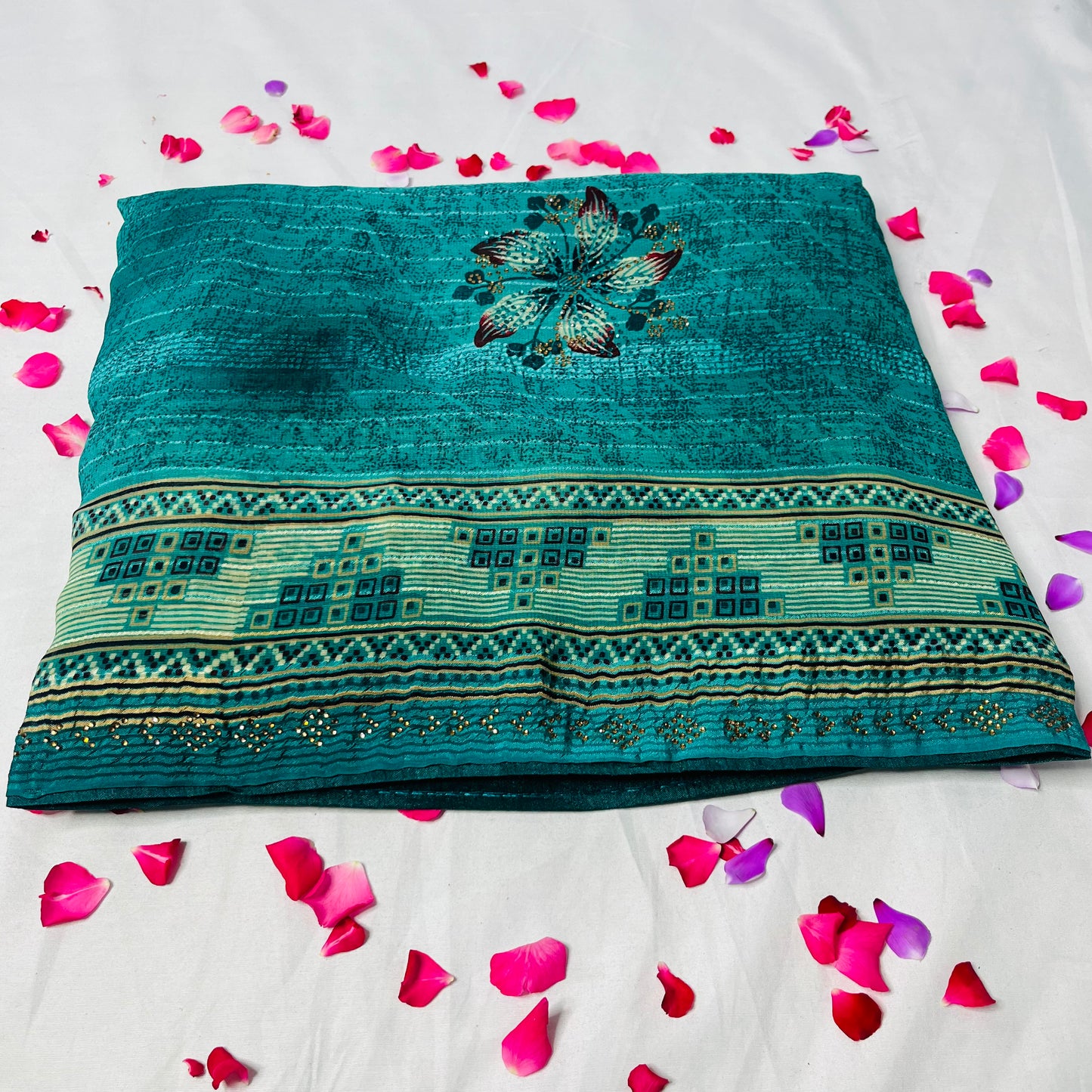 Georgette Floral Printed Golden Blue Saree