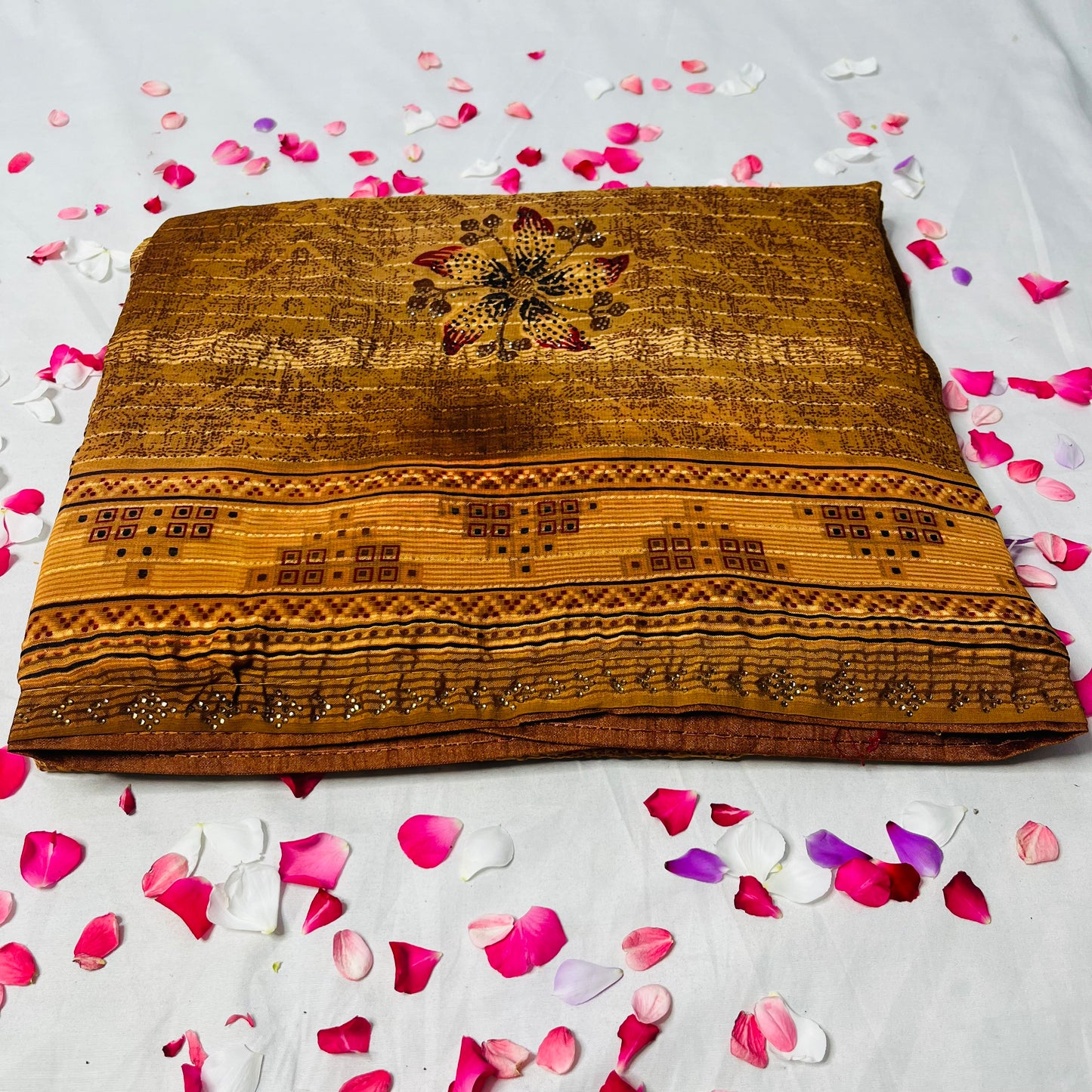 Georgette Floral Printed Golden Brown Saree