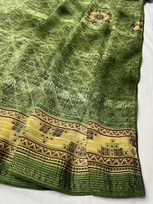 Georgette Floral Printed Green Saree