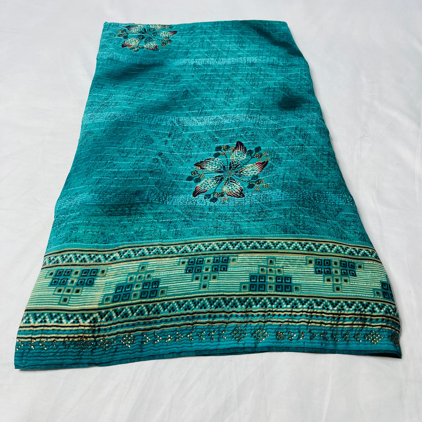 Georgette Floral Printed Golden Blue Saree