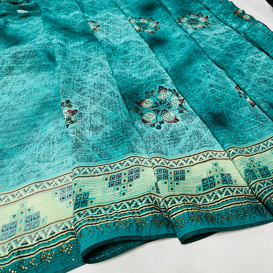 Georgette Floral Printed Golden Blue Saree