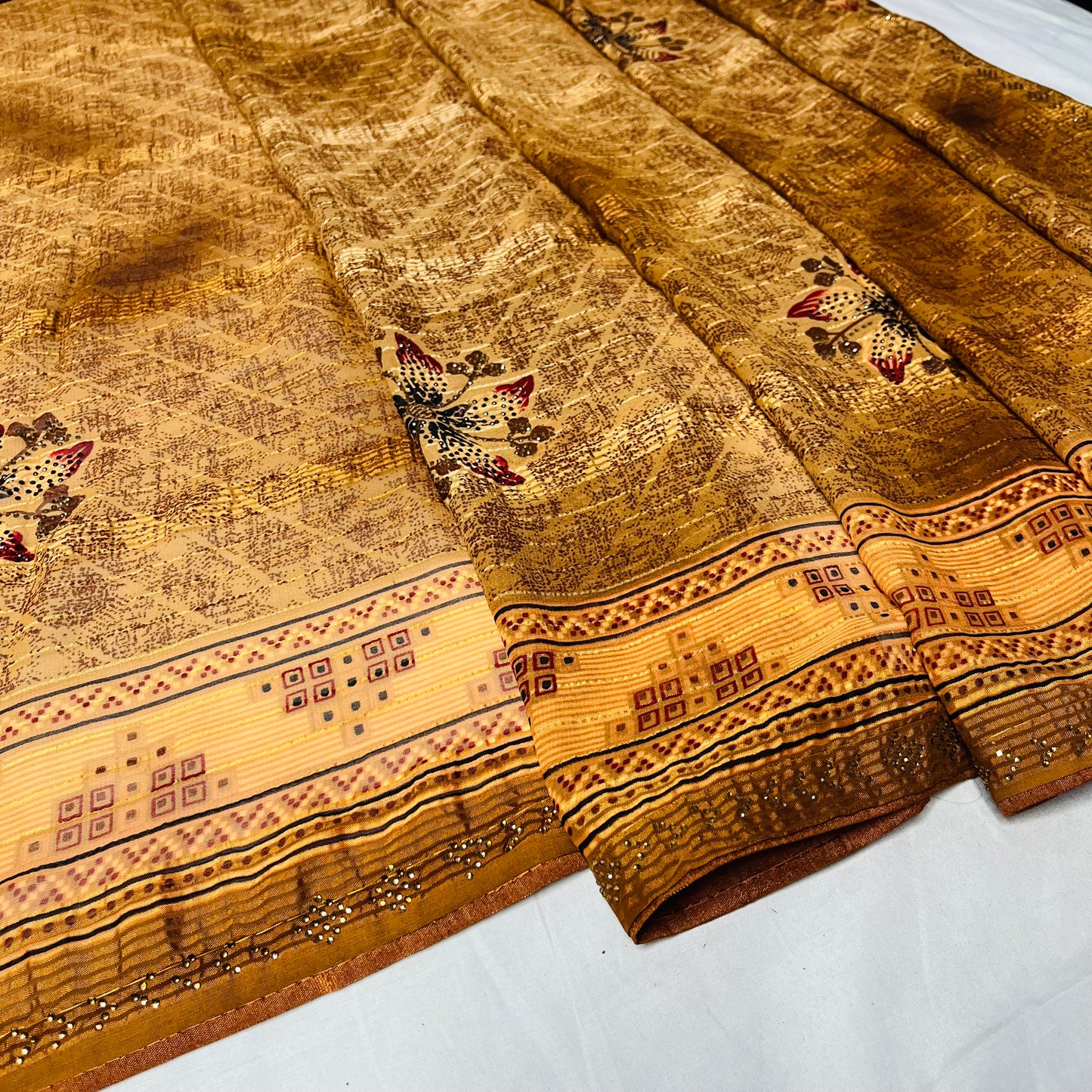 Georgette Floral Printed Golden Brown Saree
