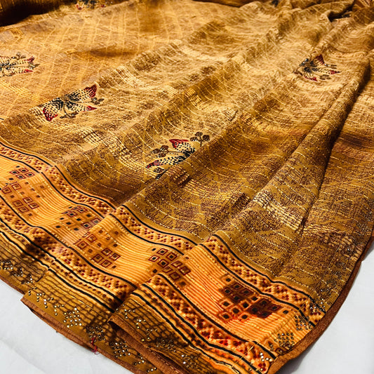 Georgette Floral Printed Golden Brown Saree