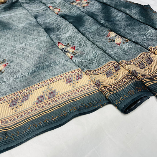Georgette Floral Printed Grey Saree