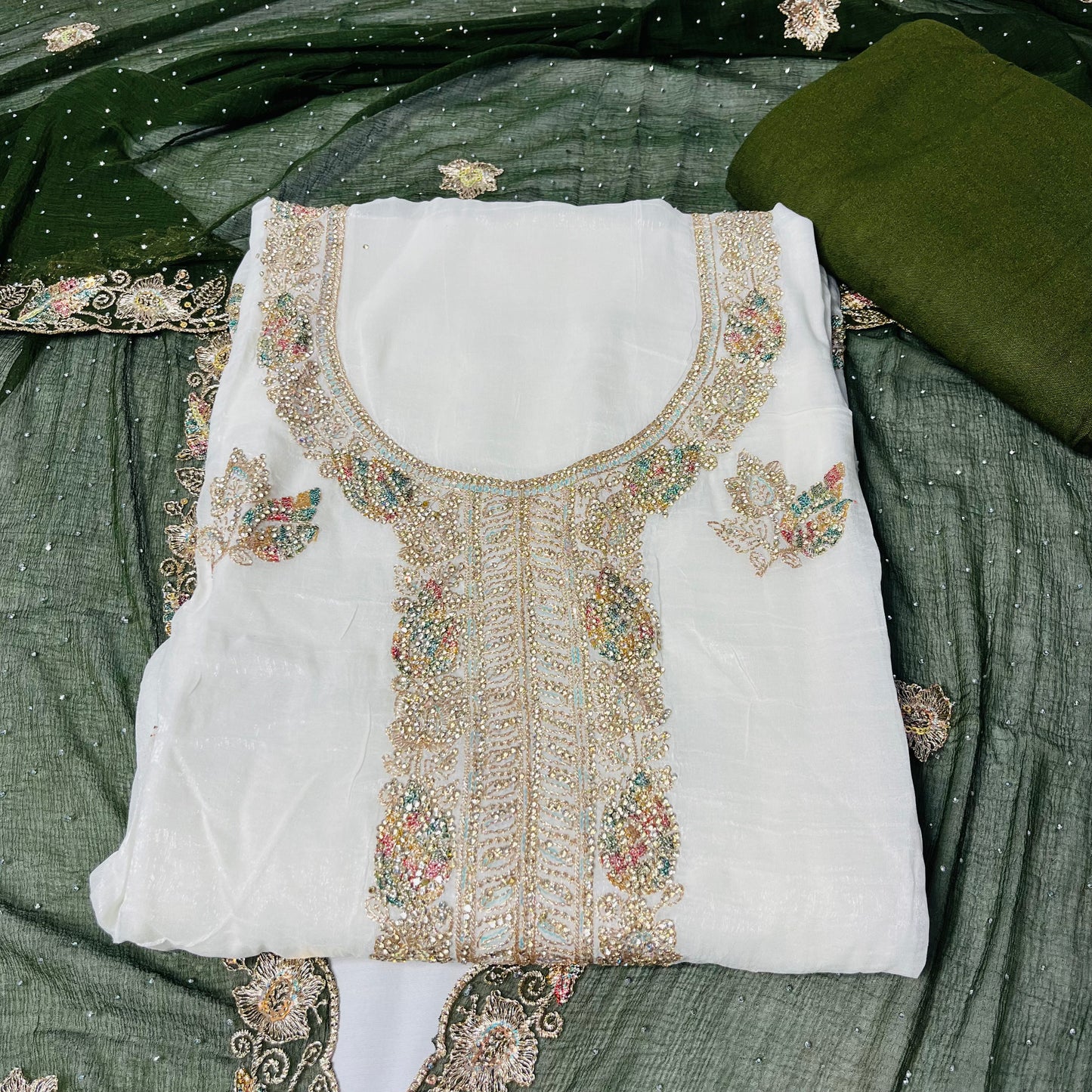 White & Green Fancy Diamond Crush Salwar Suit with Heavy Zarkan & Border Work Dupatta