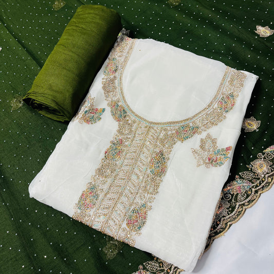 White & Green Fancy Diamond Crush Salwar Suit with Heavy Zarkan & Border Work Dupatta
