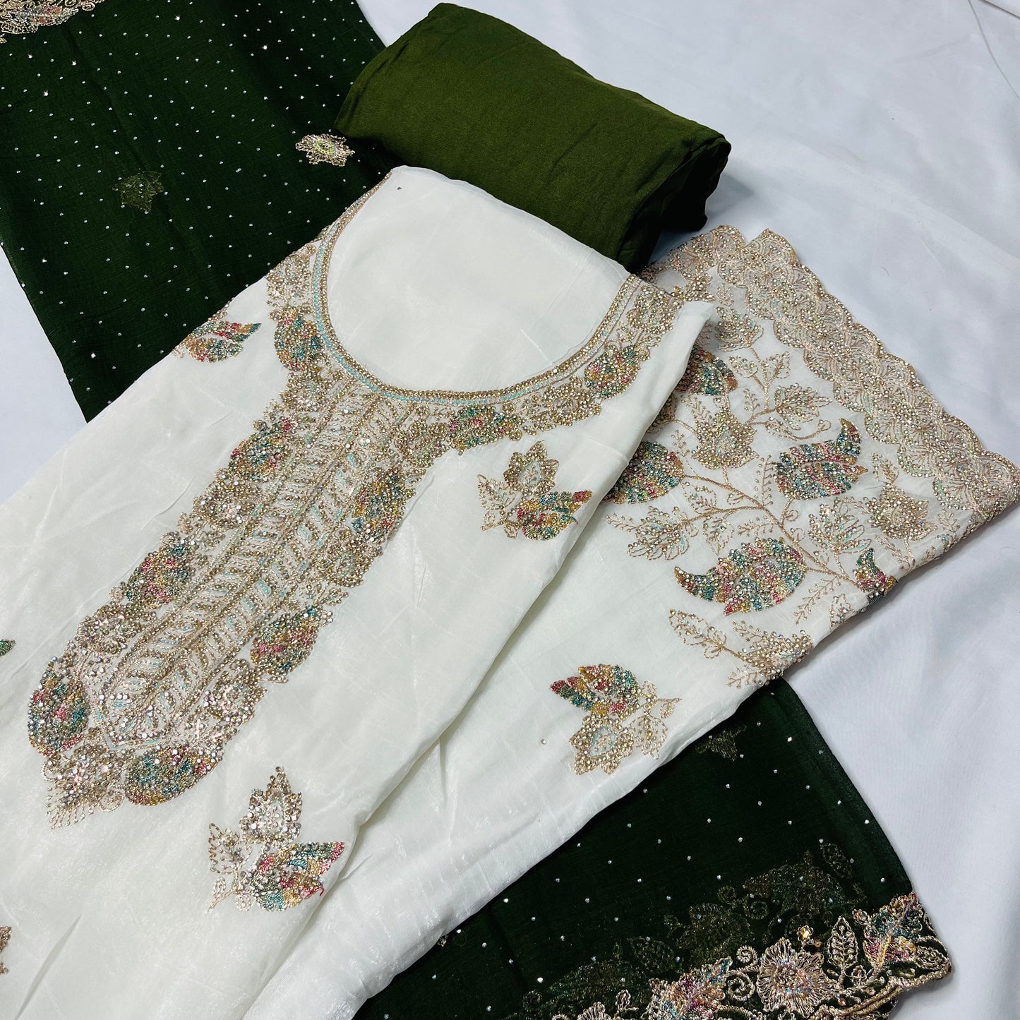 White & Green Fancy Diamond Crush Salwar Suit with Heavy Zarkan & Border Work Dupatta