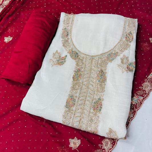 White & Red Fancy Diamond Crush Salwar Suit with Heavy Zarkan & Border Work Dupatta