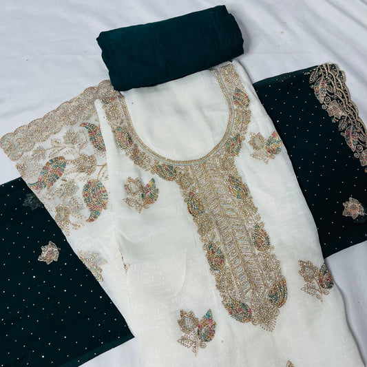 White & blue Fancy Diamond Crush Salwar Suit with Heavy Zarkan & Border Work Dupatta