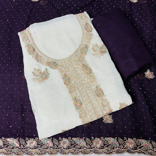 White & purple Fancy Diamond Crush Salwar Suit with Heavy Zarkan & Border Work Dupatta