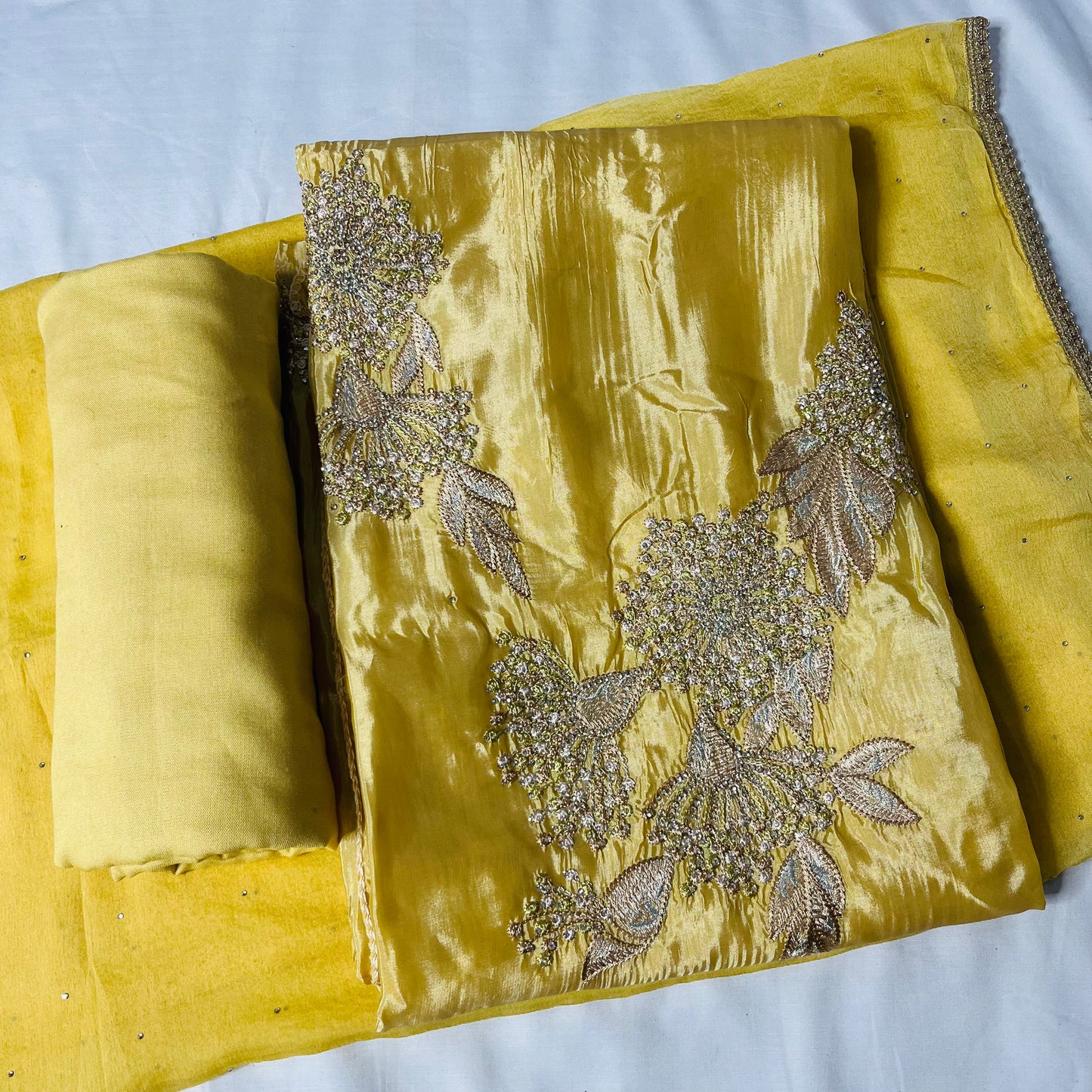 Yellow Organza Suit | Handwork & Diamond Dupatta