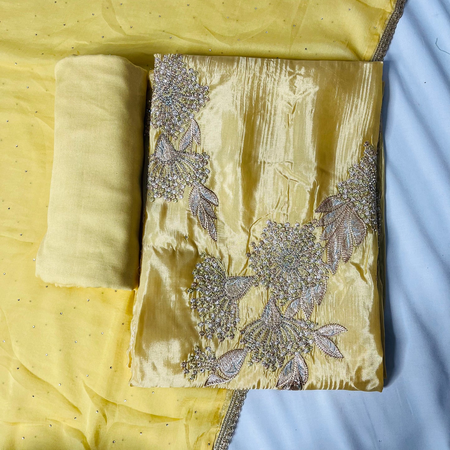Yellow Organza Suit | Handwork & Diamond Dupatta