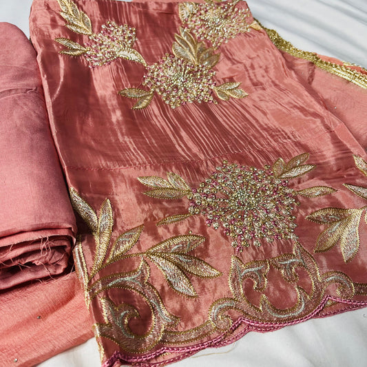 Dark Peach Organza Suit | Handwork & Diamond Dupatta