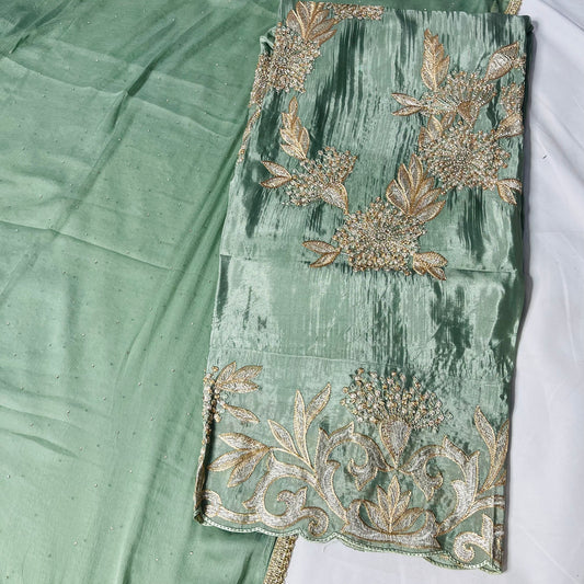 Soft Pastel Green Organza Suit | Handwork & Diamond Dupatta