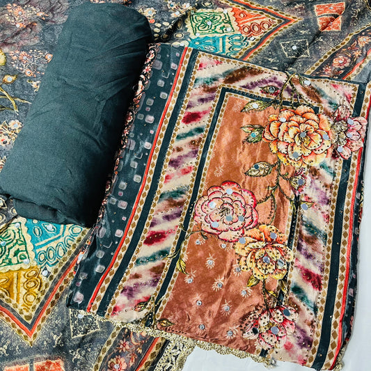 Rust & Black Pure Natural Crepe Suit with Pure Dupatta & Bottom