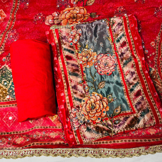 Red Floral Pure Crepe Suit with Embellished Dupatta & Plain Bottom