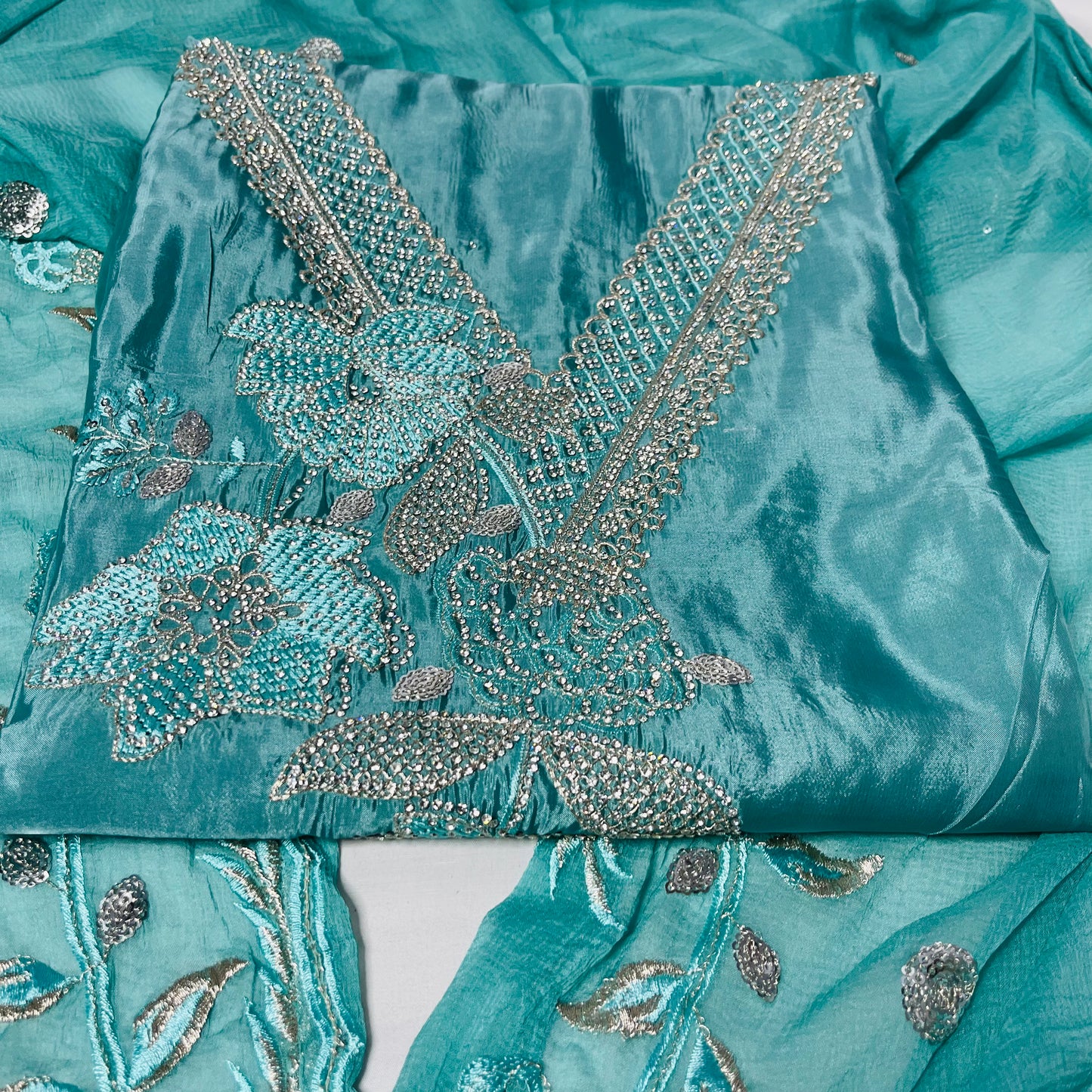 Aqua Blue Organza Suit – Zarkan & Designer Baju