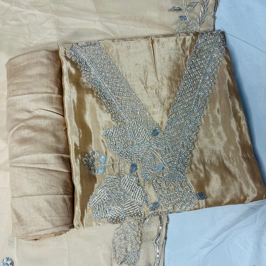 Golden Beige Organza Suit – Zarkan & Rich Border Dupatta