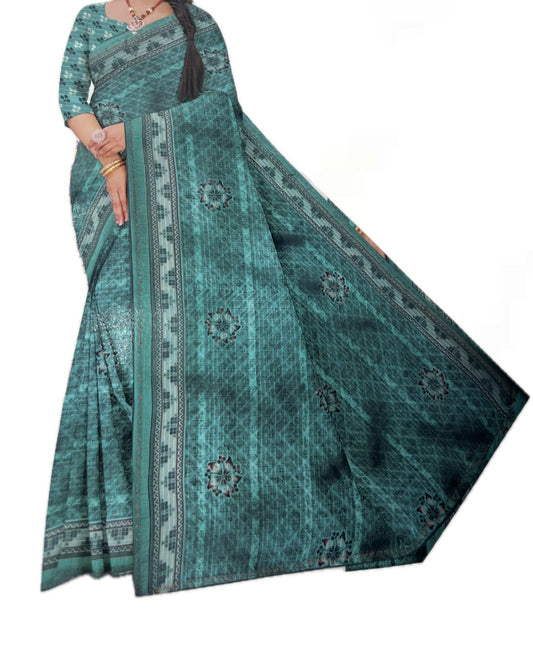 Georgette Floral Printed Golden Blue Saree