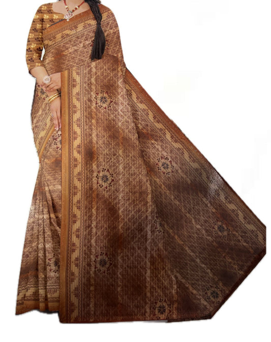 Georgette Floral Printed Golden Brown Saree