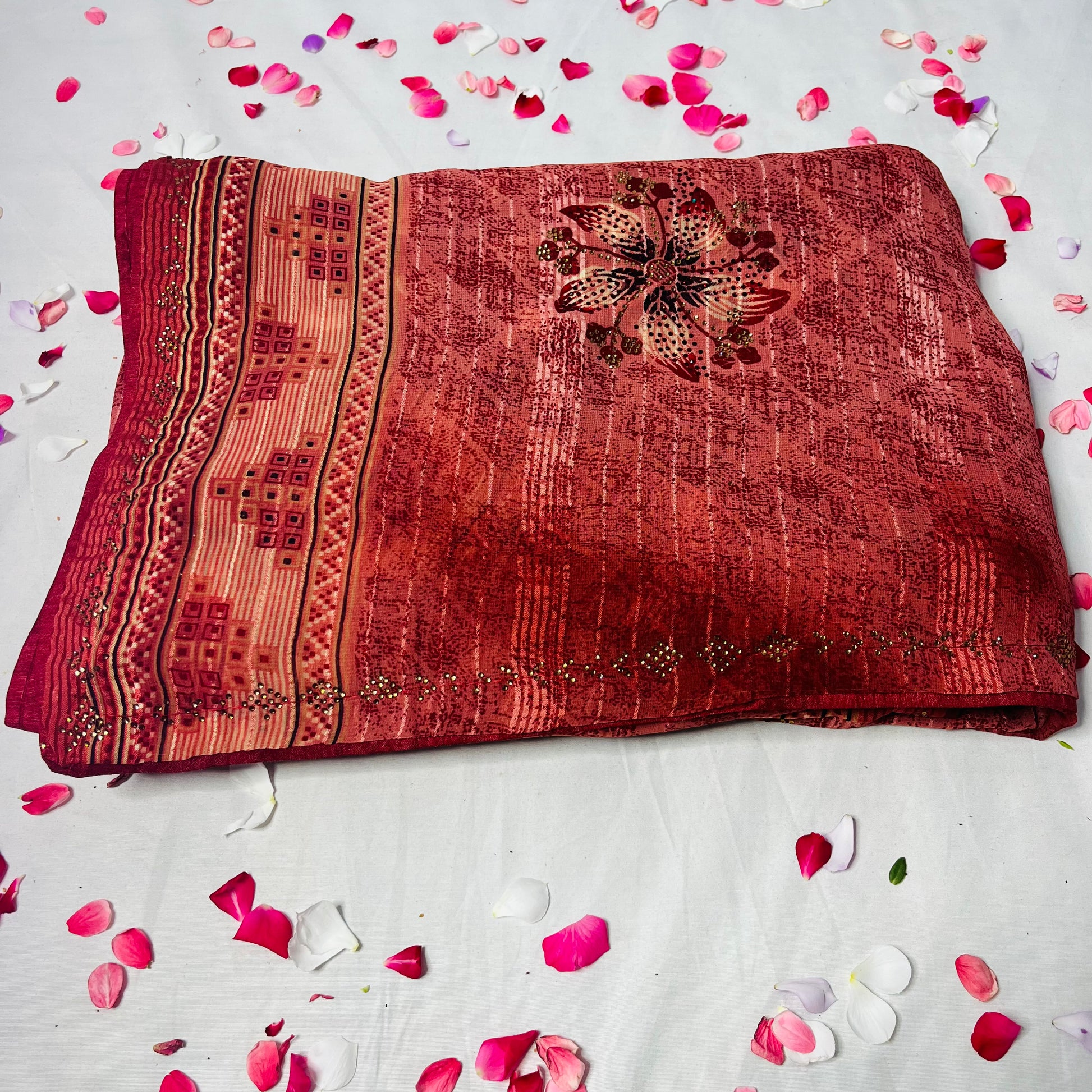 Georgette Floral Printed Sunset Red Saree - MSG Fashion

