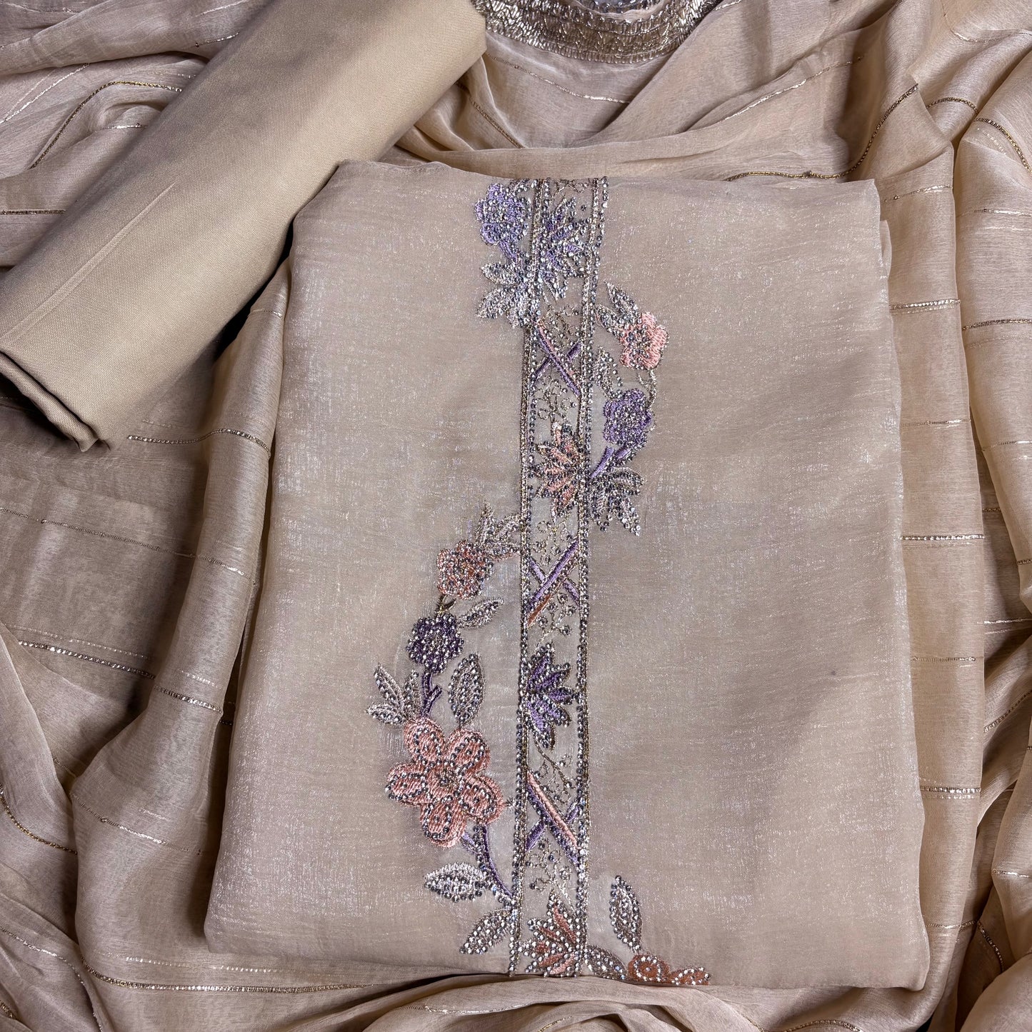 Beige Diamond Crush Suit with Rayon Bottom | Floral Embroidery in Peach & Lavender