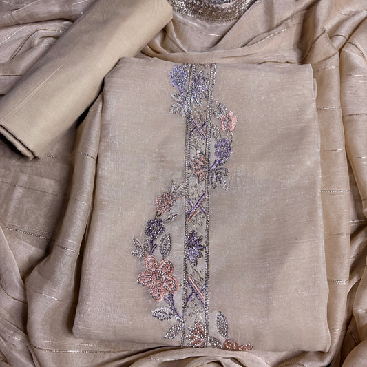 Beige Diamond Crush Suit with Rayon Bottom | Floral Embroidery in Peach & Lavender