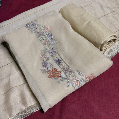 Beige Diamond Crush Suit with Rayon Bottom | Floral Embroidery in Peach & Lavender