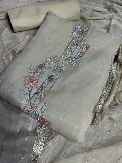 Beige Diamond Crush Suit with Rayon Bottom | Floral Embroidery in Peach & Lavender