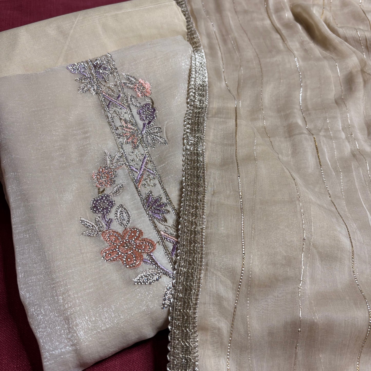 Beige Diamond Crush Suit with Rayon Bottom | Floral Embroidery in Peach & Lavender