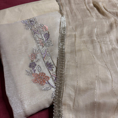Beige Diamond Crush Suit with Rayon Bottom | Floral Embroidery in Peach & Lavender