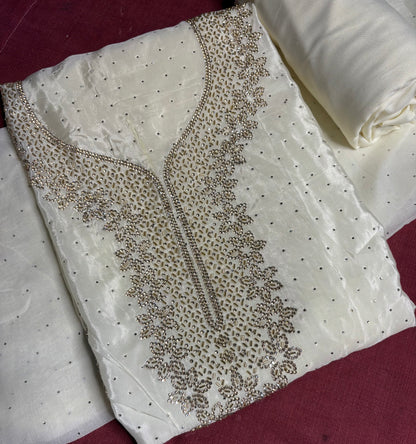 Off-White Embroidered Suit Set with Golden Detailing | Festive & Party Wear
