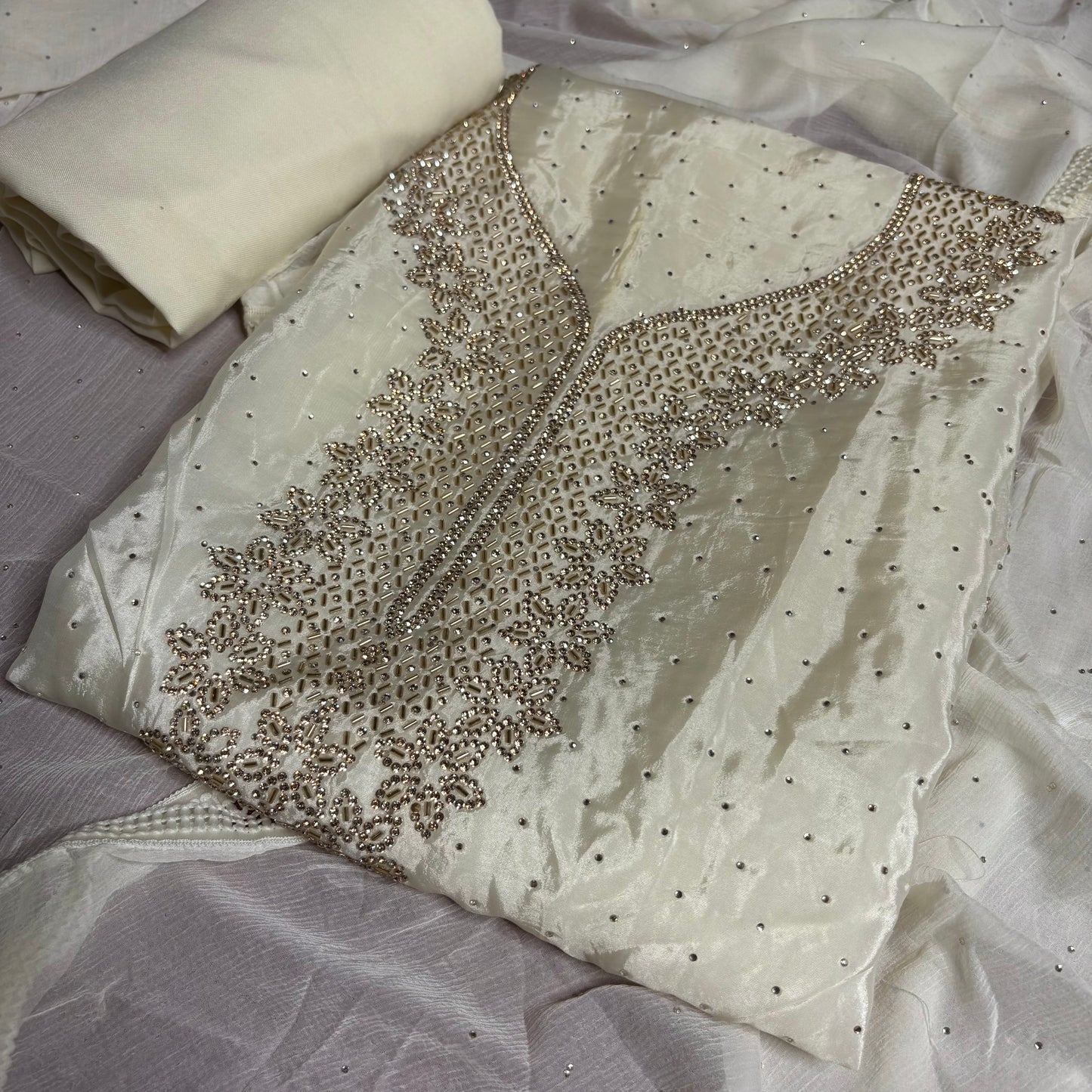 Off-White Embroidered Suit Set with Golden Detailing | Festive & Party Wear